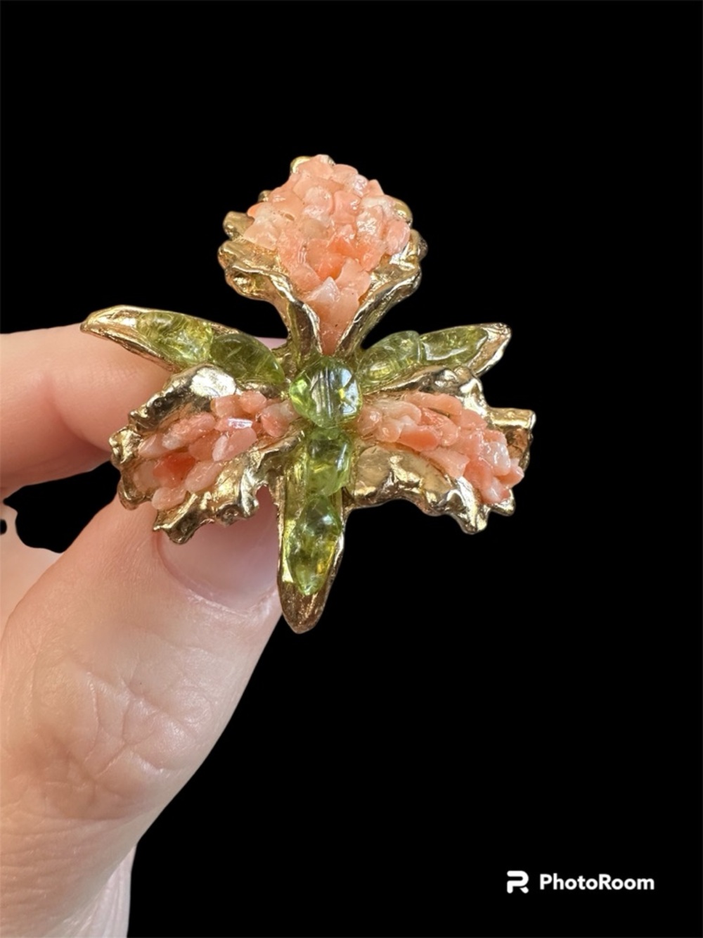Gold-Tone Floral Brooch with Peach and Green Accents